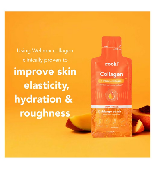 Zooki Super Strength Marine Collagen 11,000mg, Mango Peach Flavour - 14x18.5ml Liquid Sachets