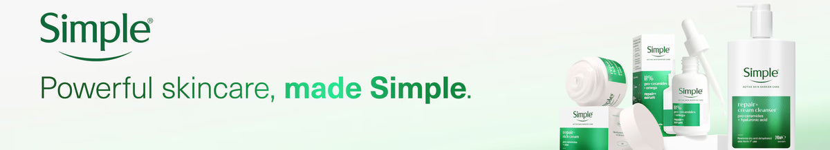 Simple skincare products including a pump bottle, spray bottle, and jars with green and white labels, set against a light green gradient background with the text 'Simple Powerful skincare, made Simple.'.