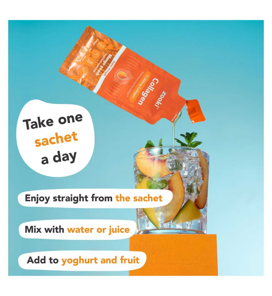 Zooki Super Strength Marine Collagen 11,000mg, Mango Peach Flavour - 30x18.5ml Liquid Sachets