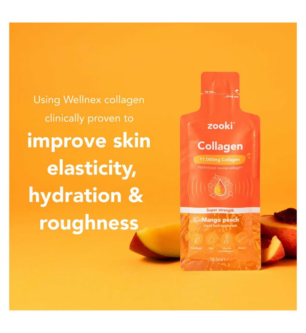 Zooki Super Strength Marine Collagen 11,000mg, Mango Peach Flavour - 14x18.5ml Liquid Sachets